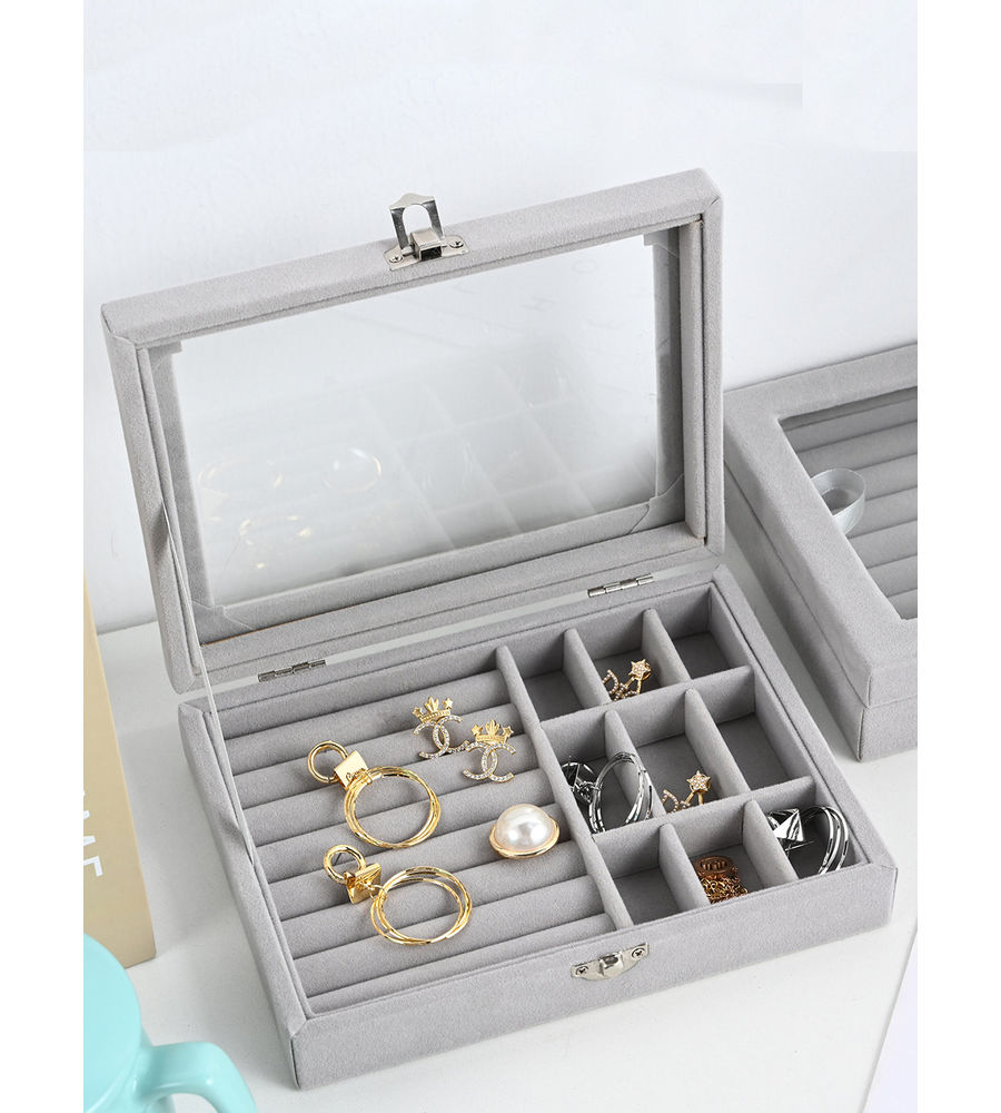 YouBella Jewellery Organiser Box Velvet Clear Lid Jewelry Organizer, Ring Earring Bracelets Jewelry Storage Case, Lockable Jewelry Box for Girls Women (Jewellery_Box_33) (Grey)